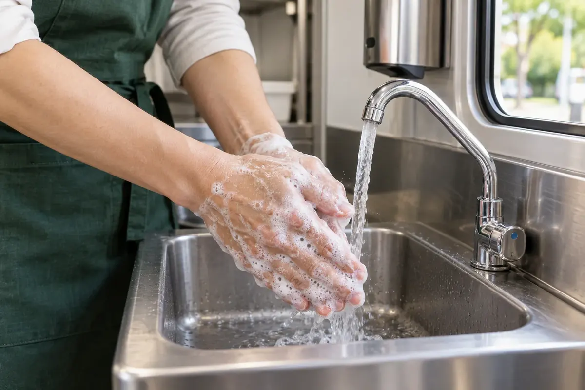 専用の手洗い場で、石けんと流水を使って手を洗う様子のイメージ