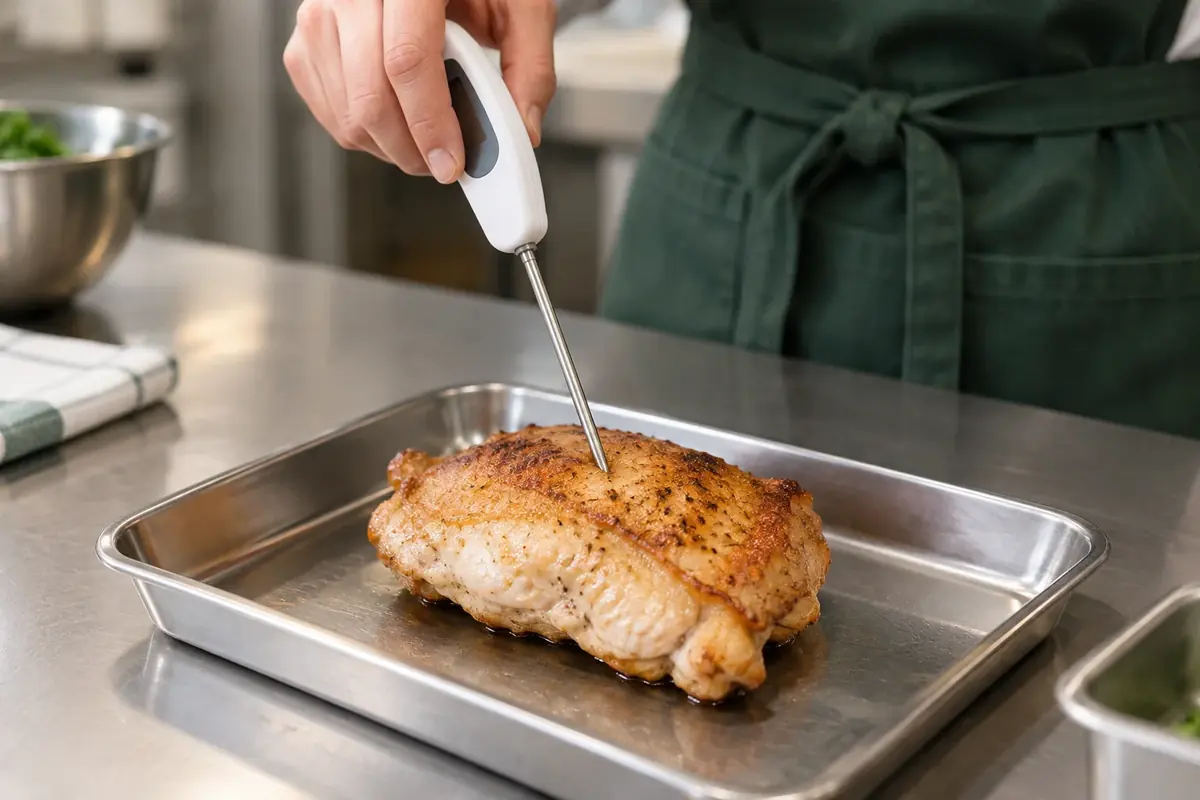 加熱した鶏肉に中心温度計を差し込み、火の通りを確認する様子のイメージ