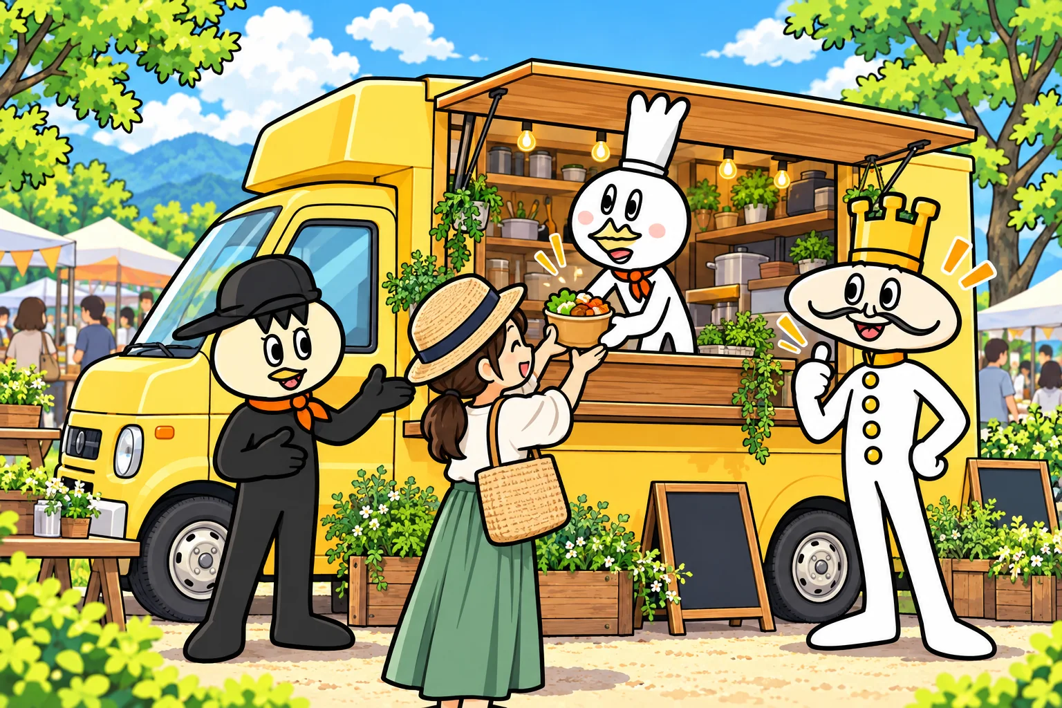 シローたちがキッチンカーでお客様を迎えるイラスト